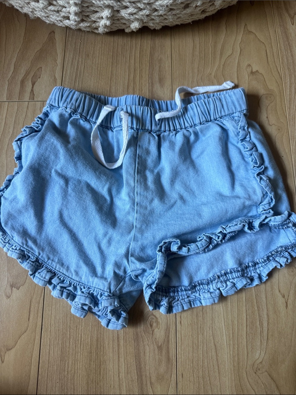 Girls High-Waist Light Blue Ruffle Hem Shorts